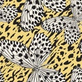 Seamless vector multicolor butterflies pattern. Butterfly on zebra leopard print. Trendy animal motif wallpaper